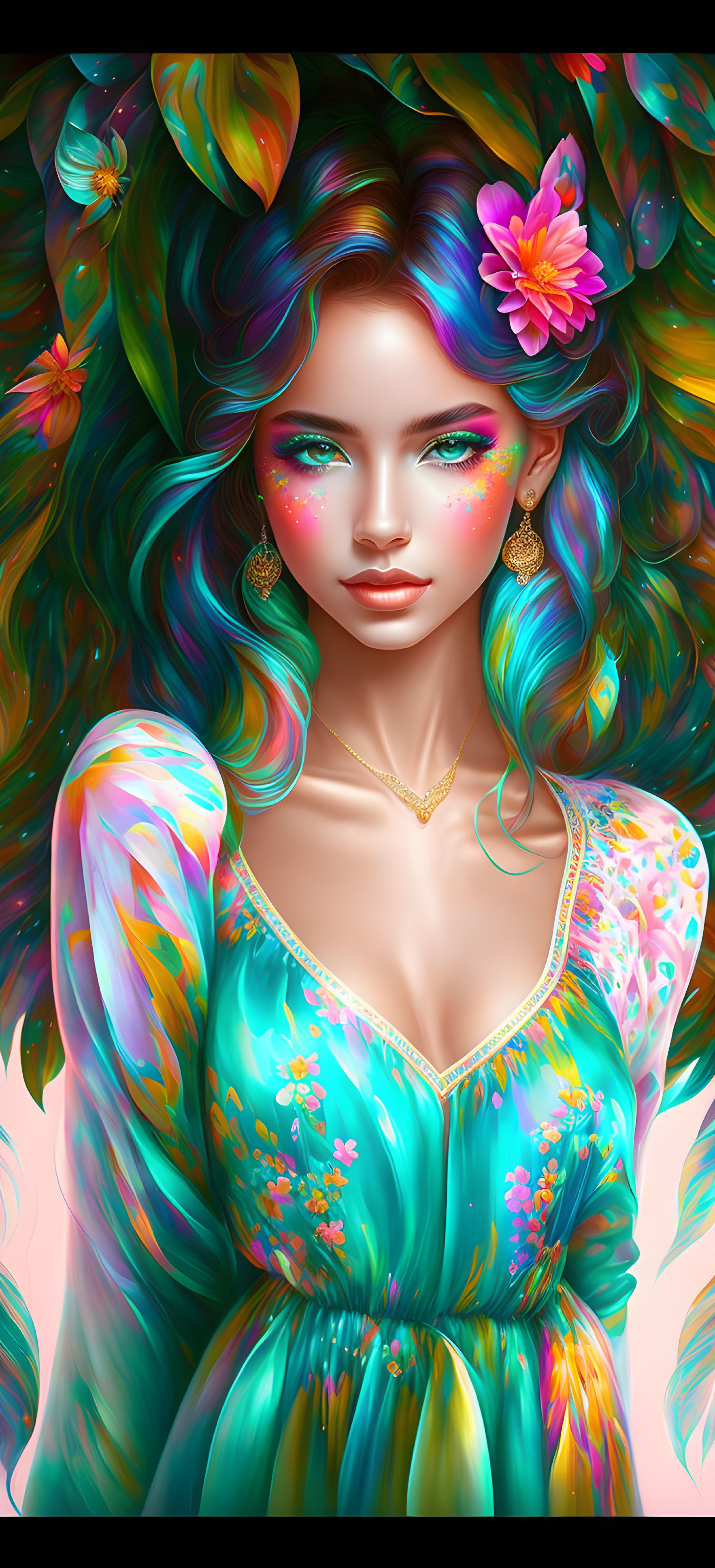 Colorful Woman Illustration with Multicolored Hair and Floral Dress