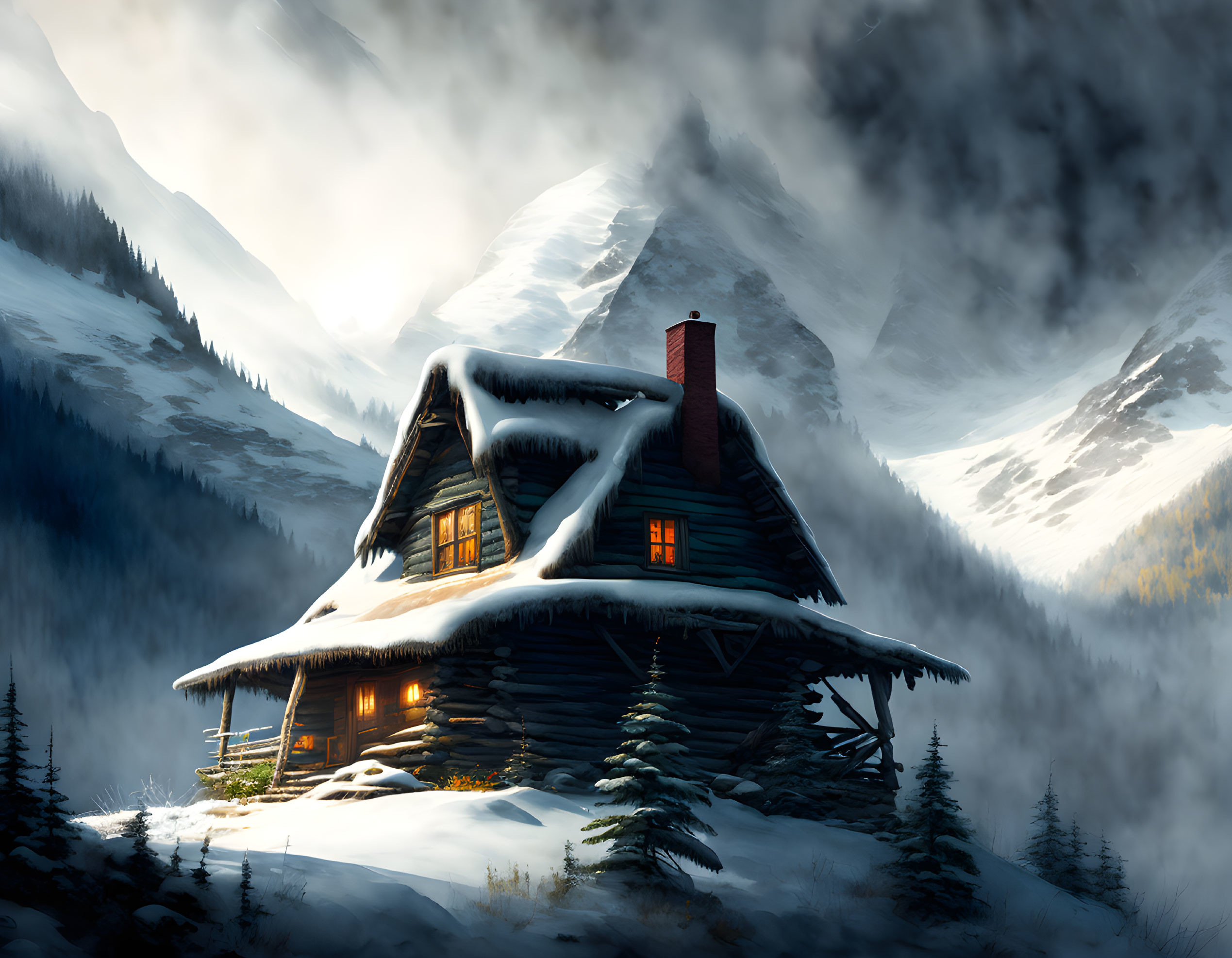 Snow-covered log cabin in misty mountain landscape