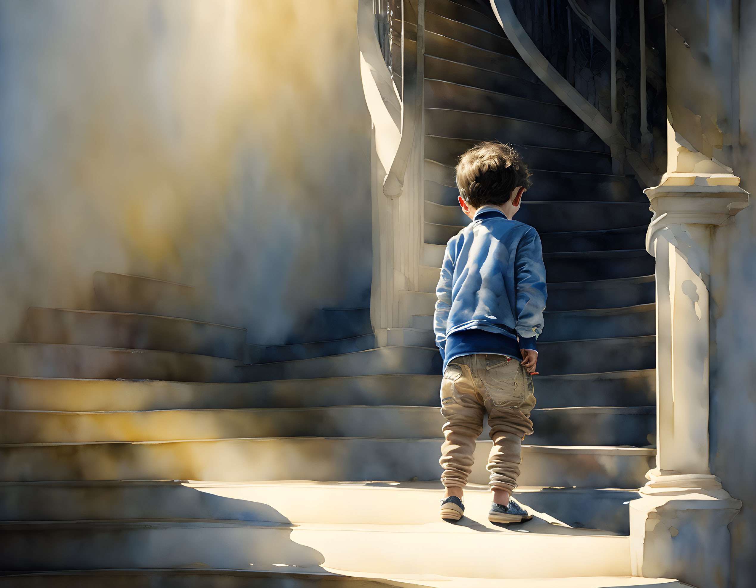 Child in blue jacket stands at bottom of outdoor stairway, back to camera