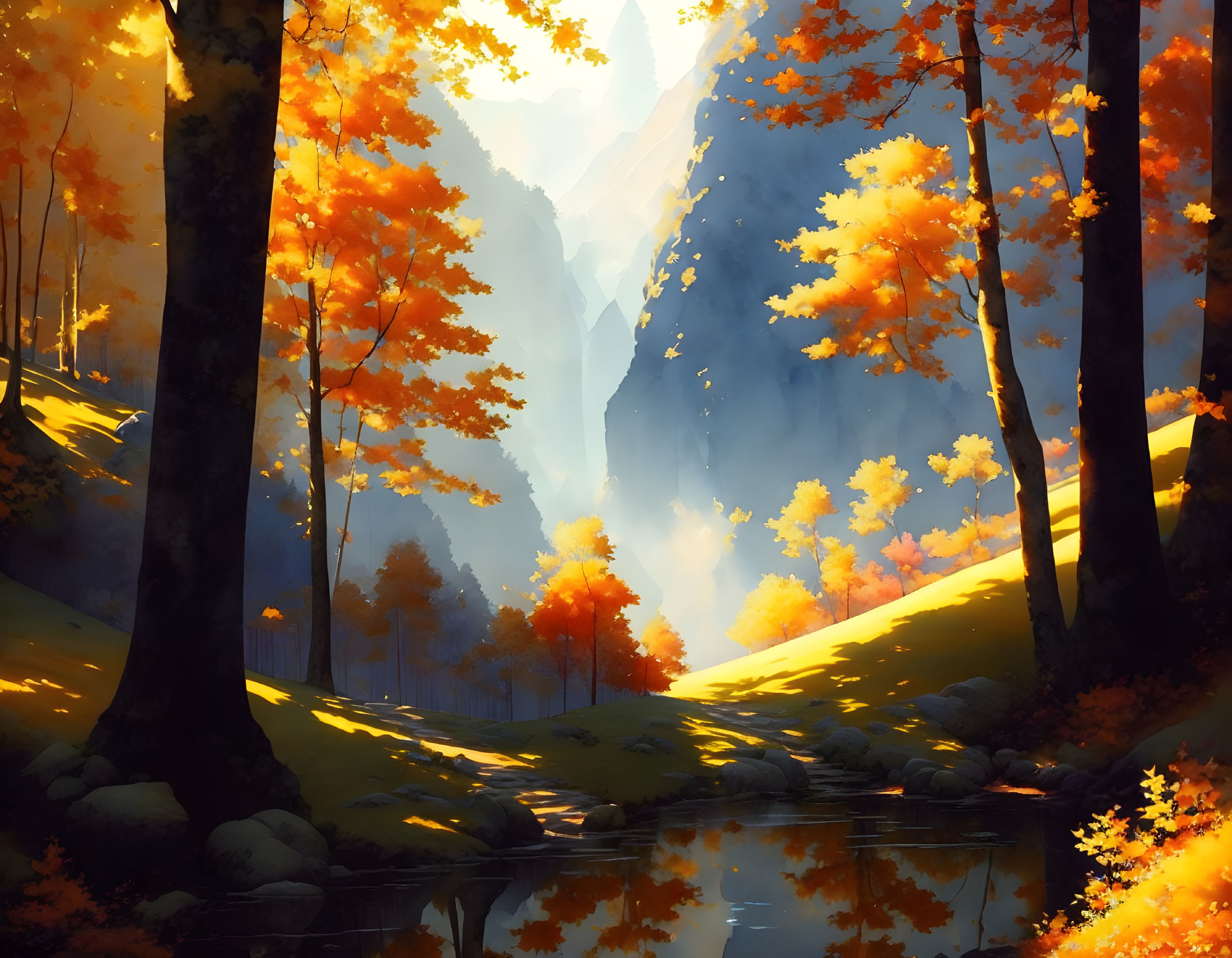 Autumnal forest scene: Sunlight, orange foliage, stream, mountains