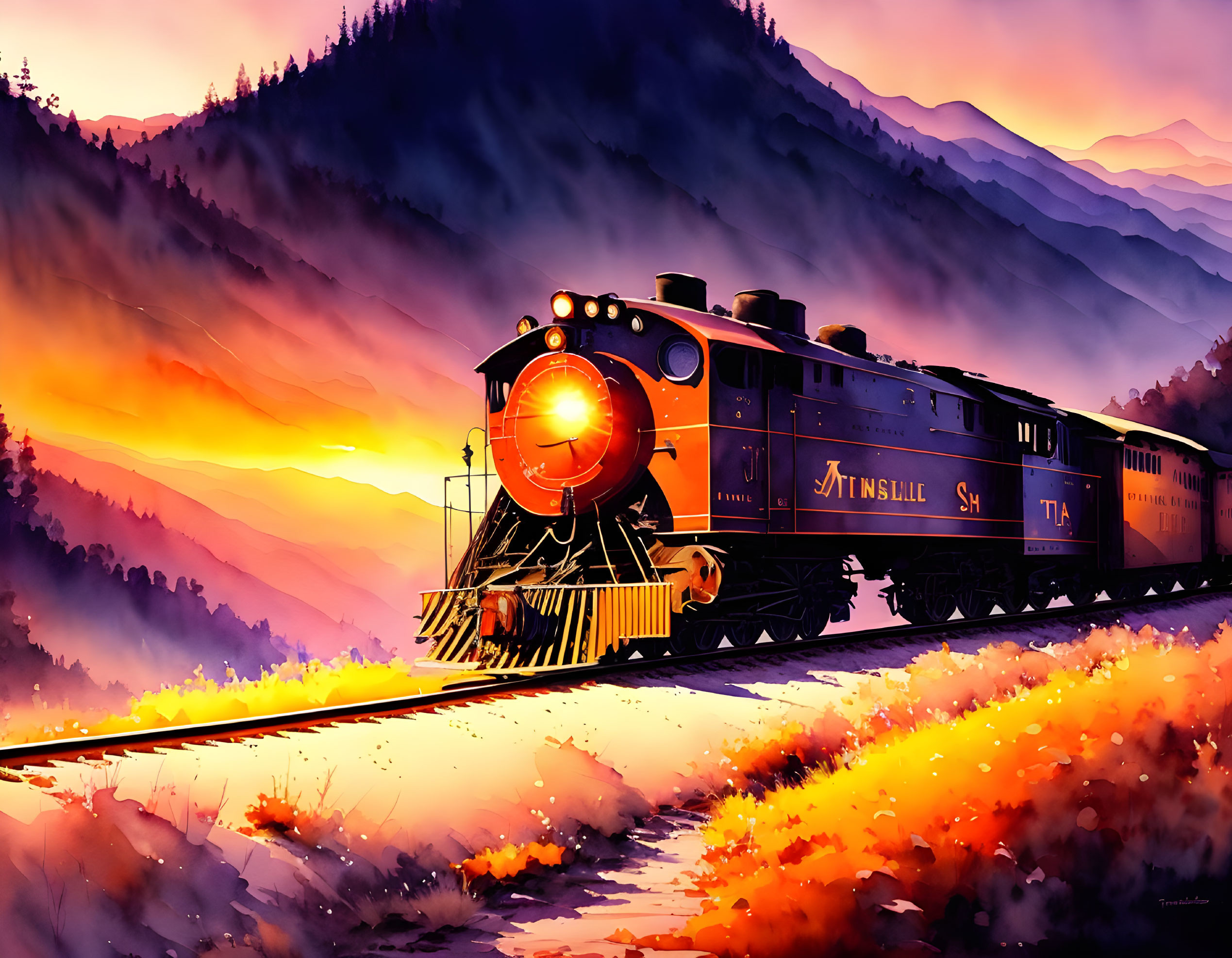 Vintage train with glowing headlamp in vibrant sunset landscape