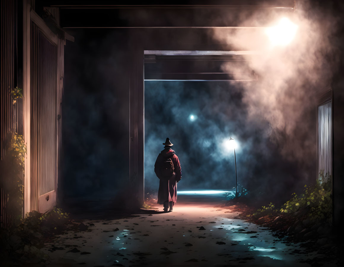 Alleyway scene: solitary figure in misty night ambiance