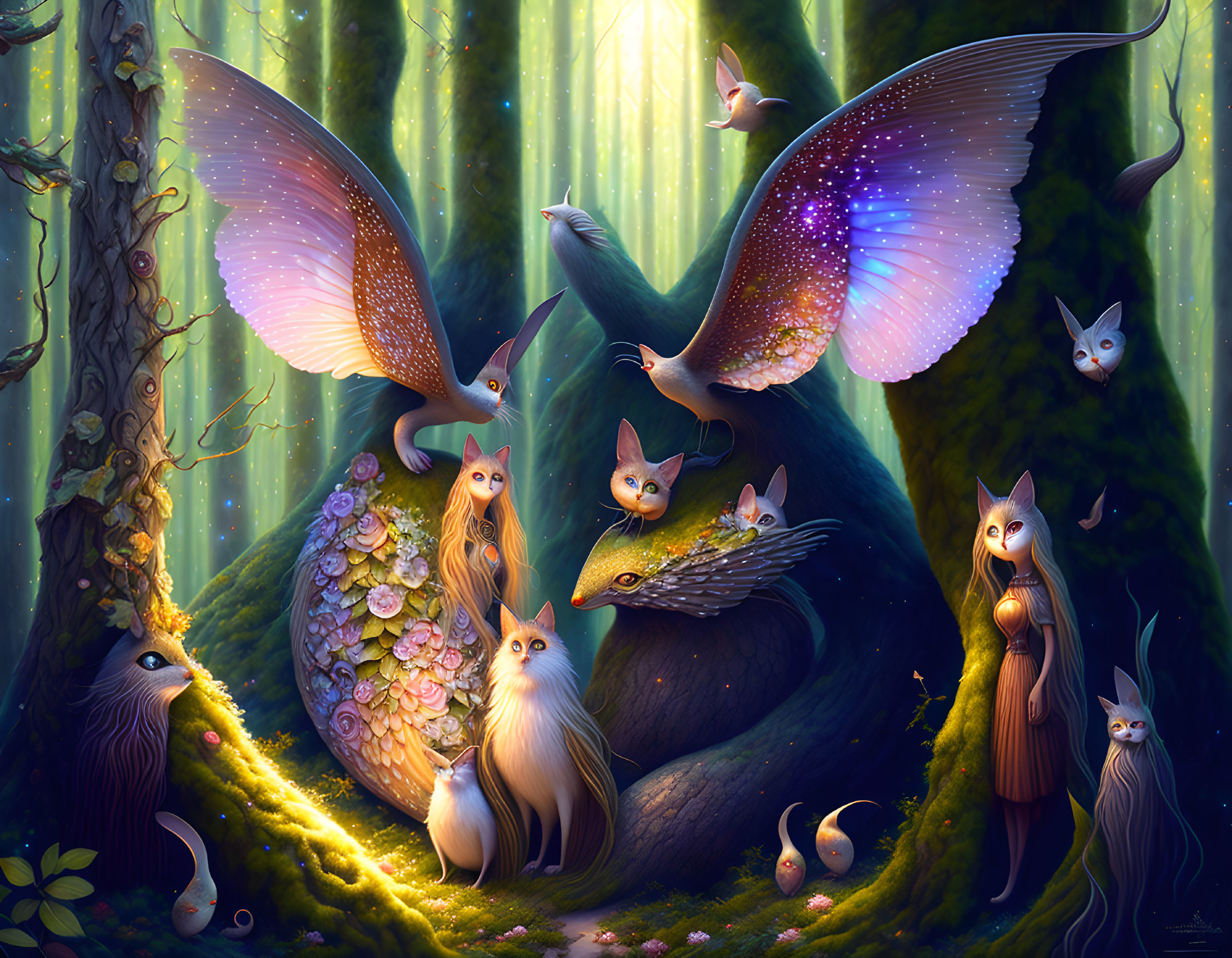 Mystical forest scene with whimsical creatures and lush greenery