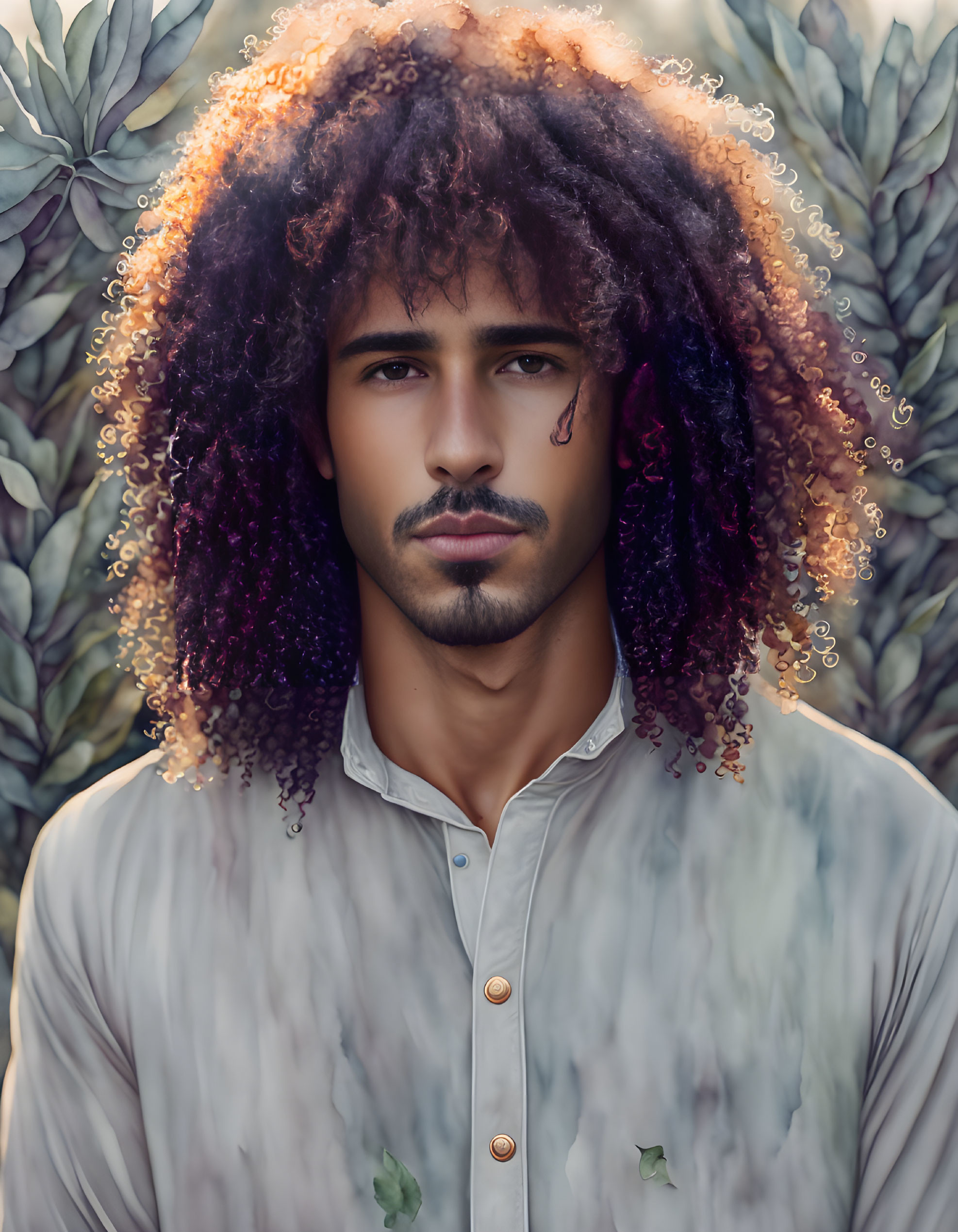 Man with Curly Hair and Beard in White Shirt Against Green Leaves