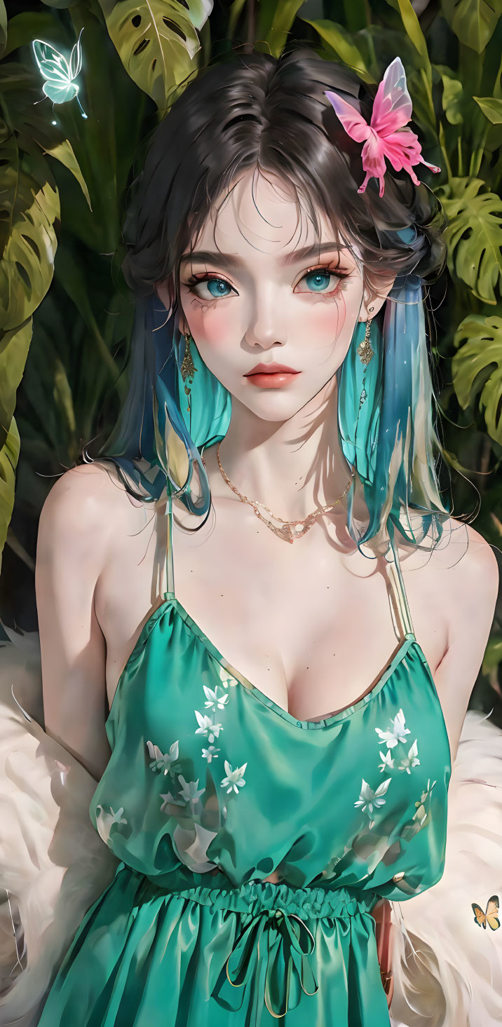 Illustrated woman with blue hair and green dress in nature setting.