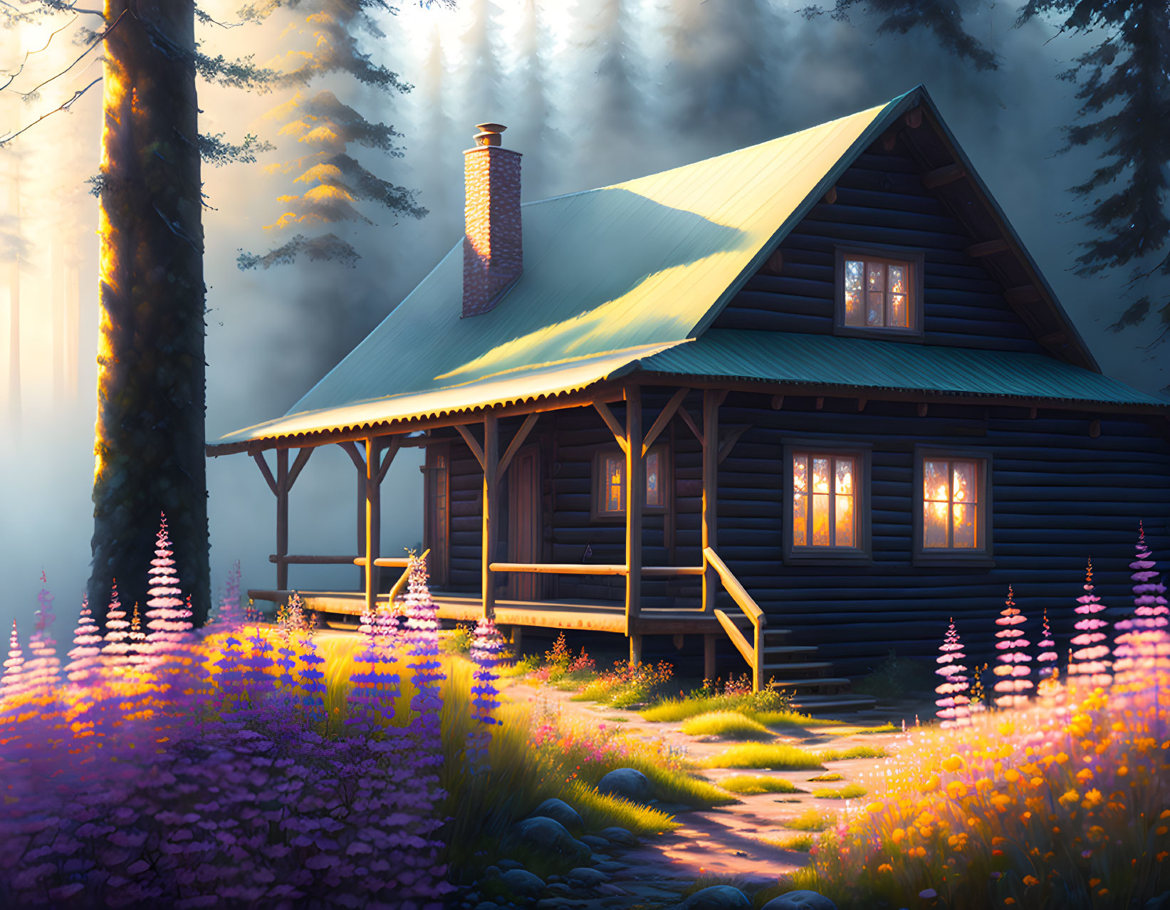 Rustic wooden cabin in purple flower garden at sunset