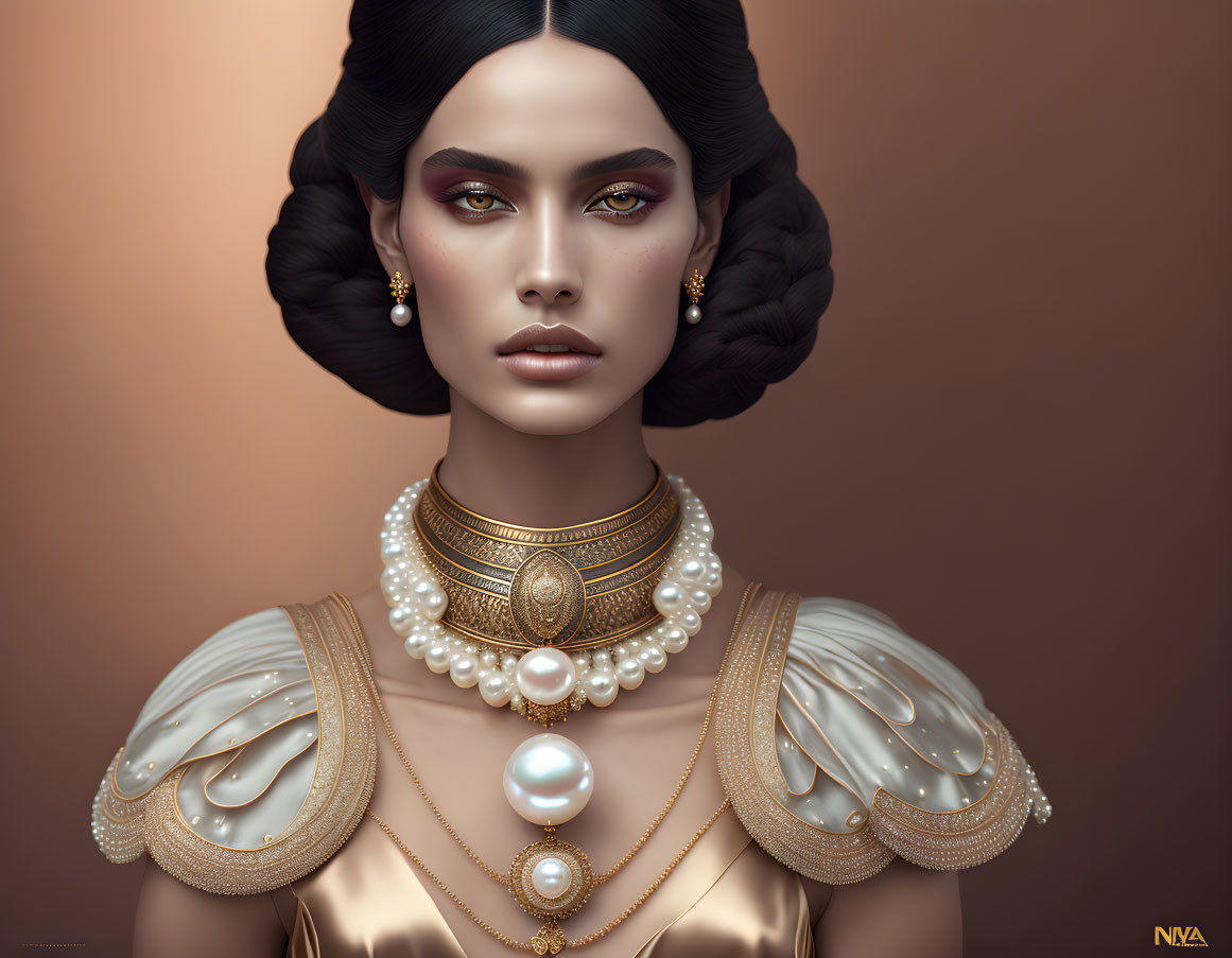 Elaborate pearl jewelry and Victorian attire on a woman with dual braided buns and intense gaze