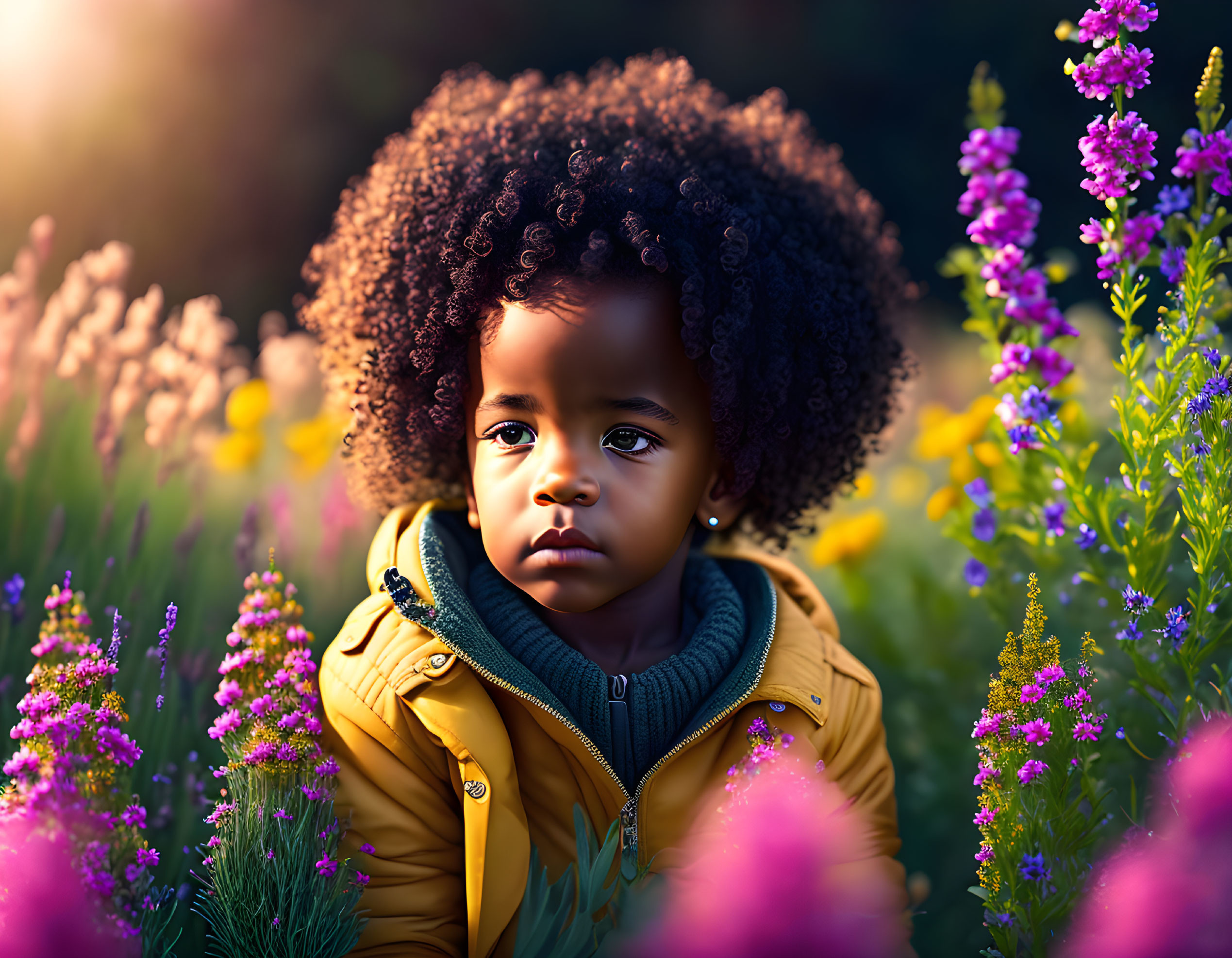 Child in Yellow Jacket Surrounded by Purple Flowers