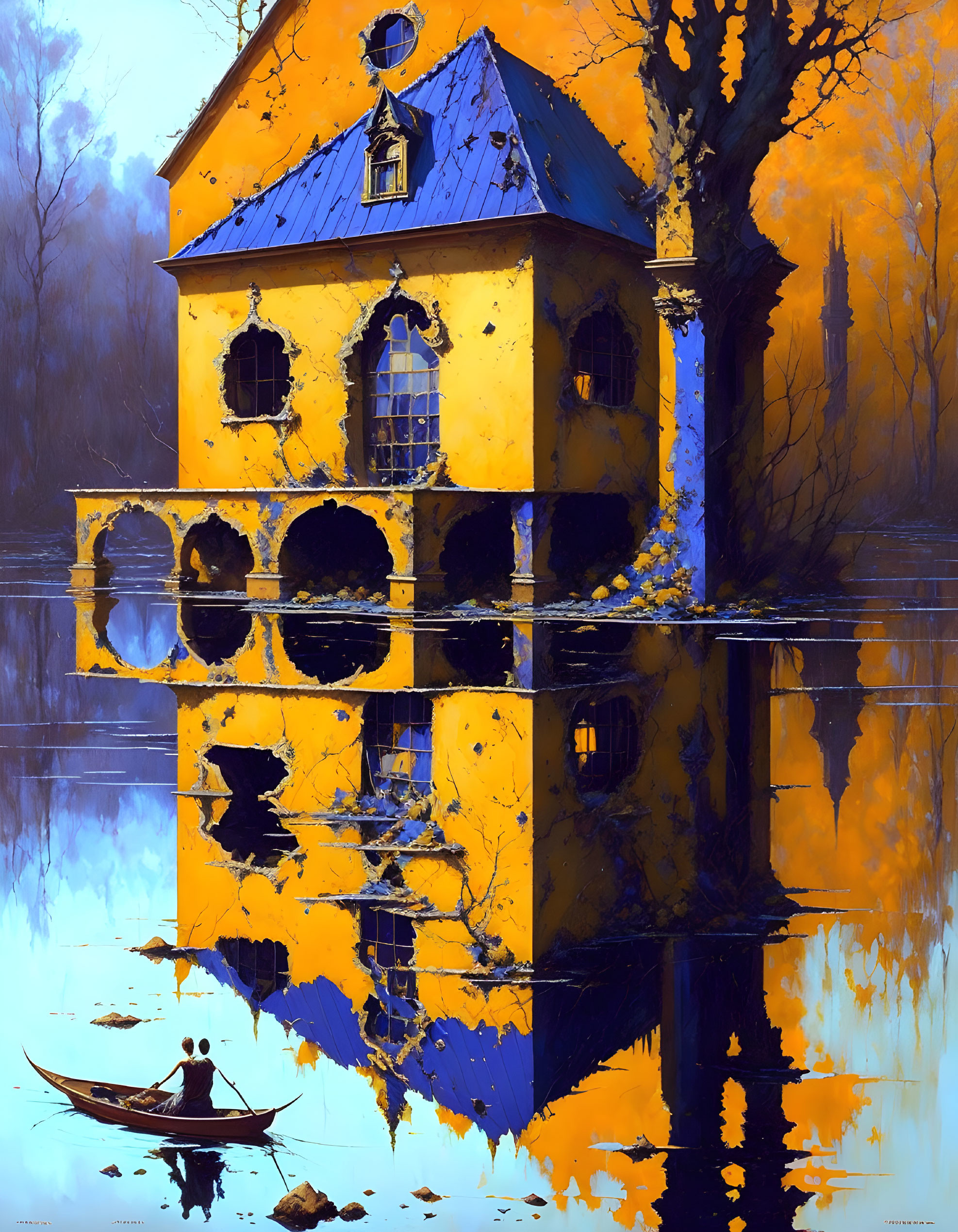 Yellow House with Blue Accents Surrounded by Autumn Trees and Boat