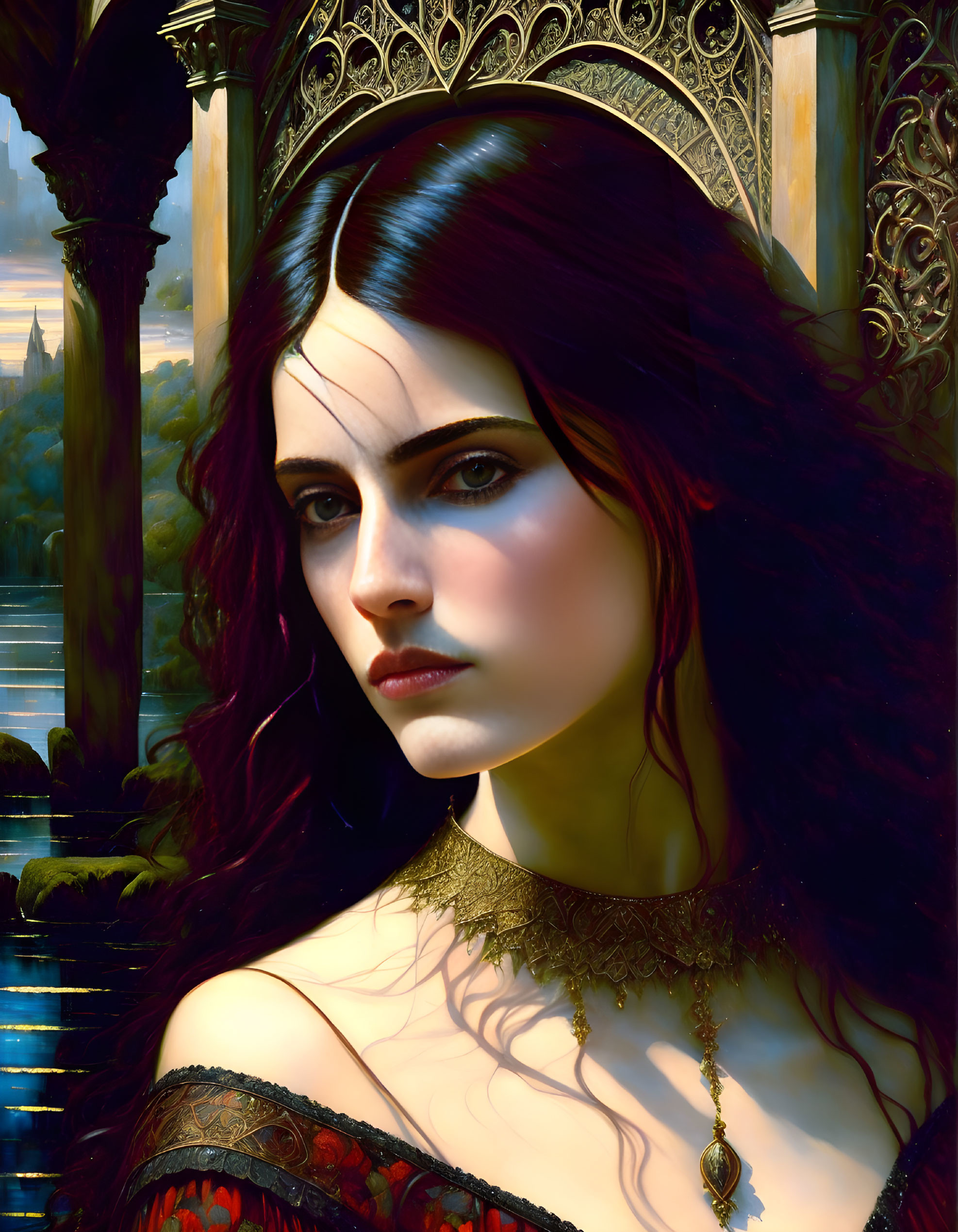 Illustrated portrait of woman with dark hair and blue eyes in intricate gown against fantastical backdrop