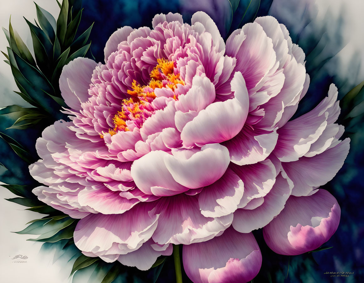 Large lush peony with pink petals and yellow center on blurred background