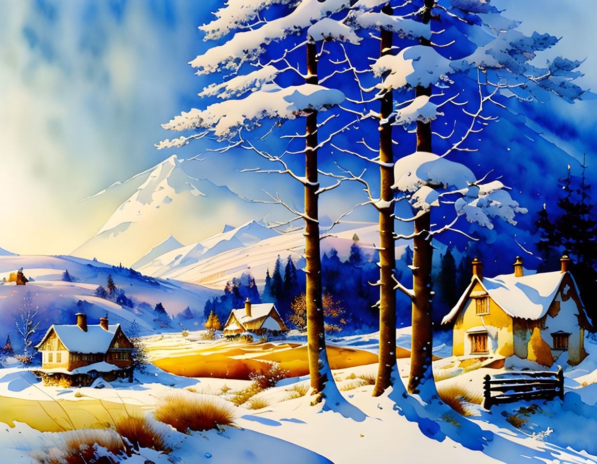 Snow-covered cottages, trees, and mountains in twilight winter scene