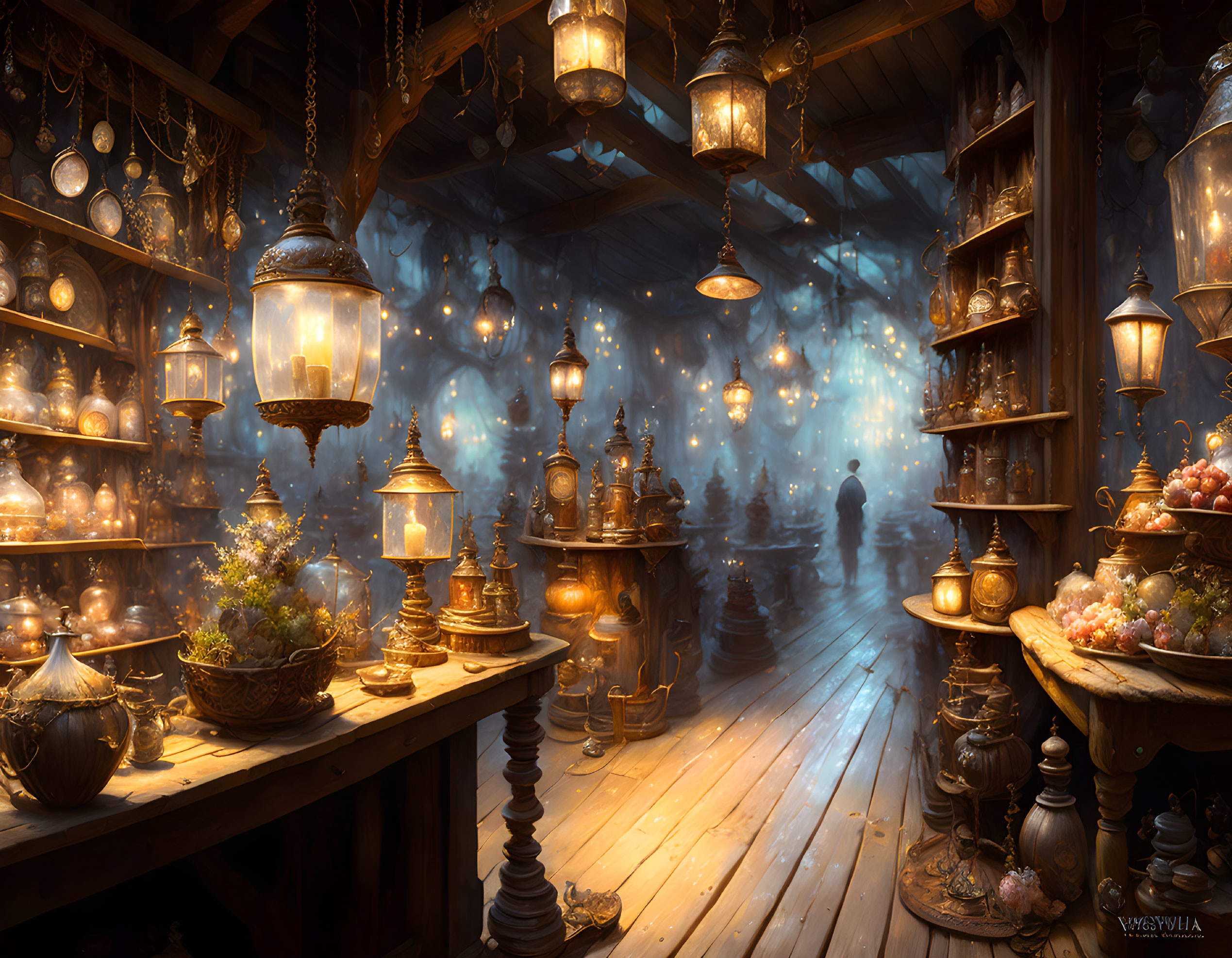 Enchanting potion shop with lanterns, wooden decor, and mysterious figure