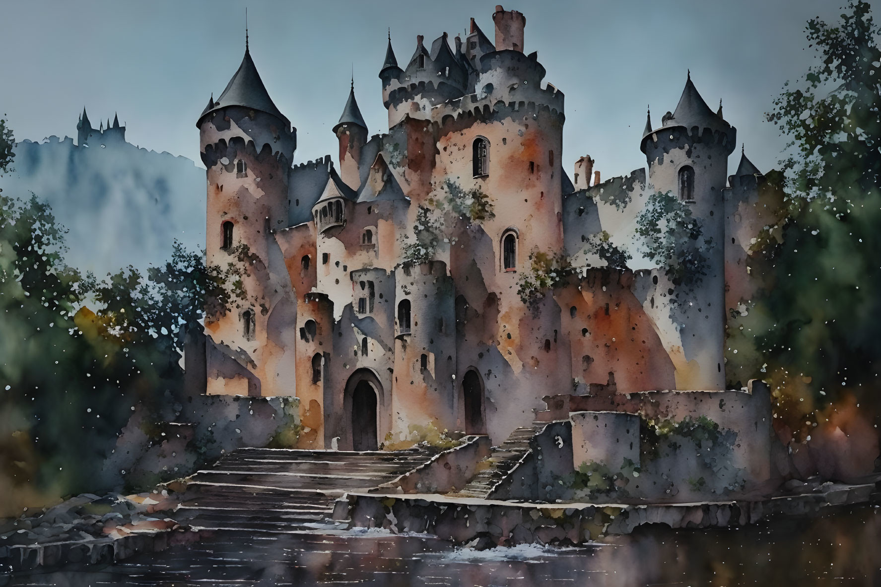 Medieval castle watercolor painting in rainy landscape