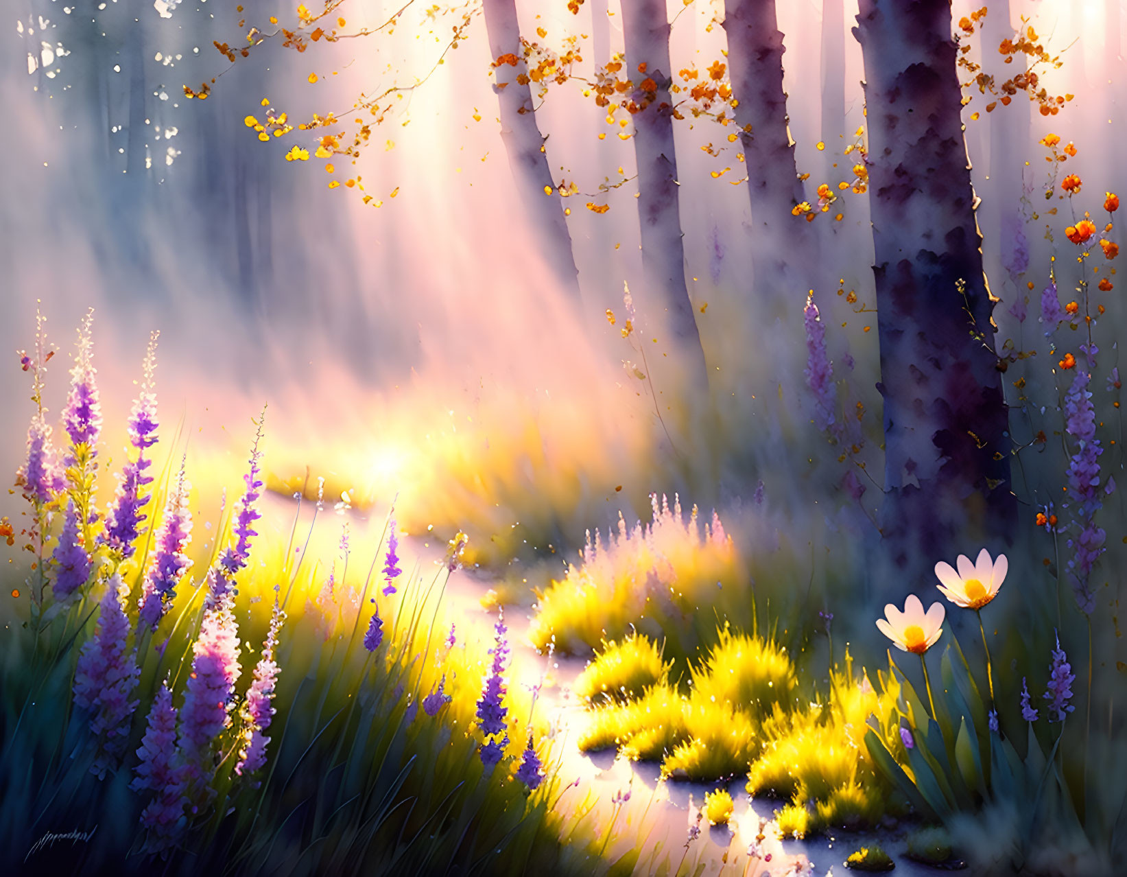 Sunbeams Illuminate Misty Forest Scene