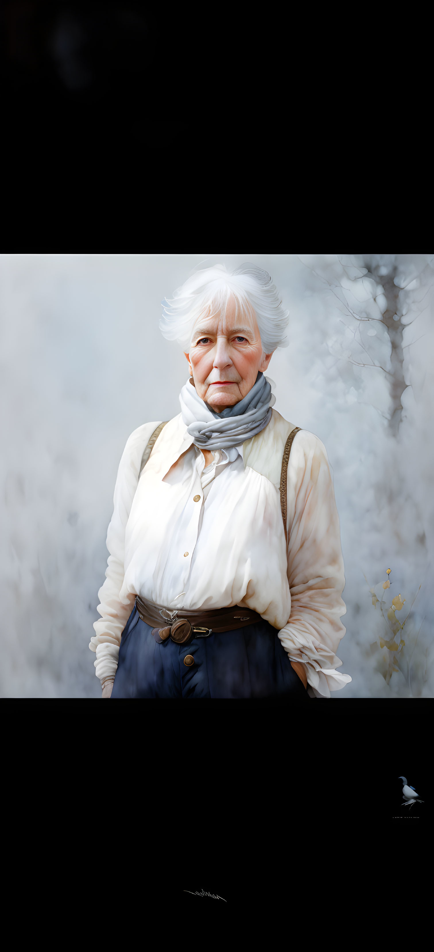 White-Haired Elderly Woman in Scarf Against Soft Neutral Background