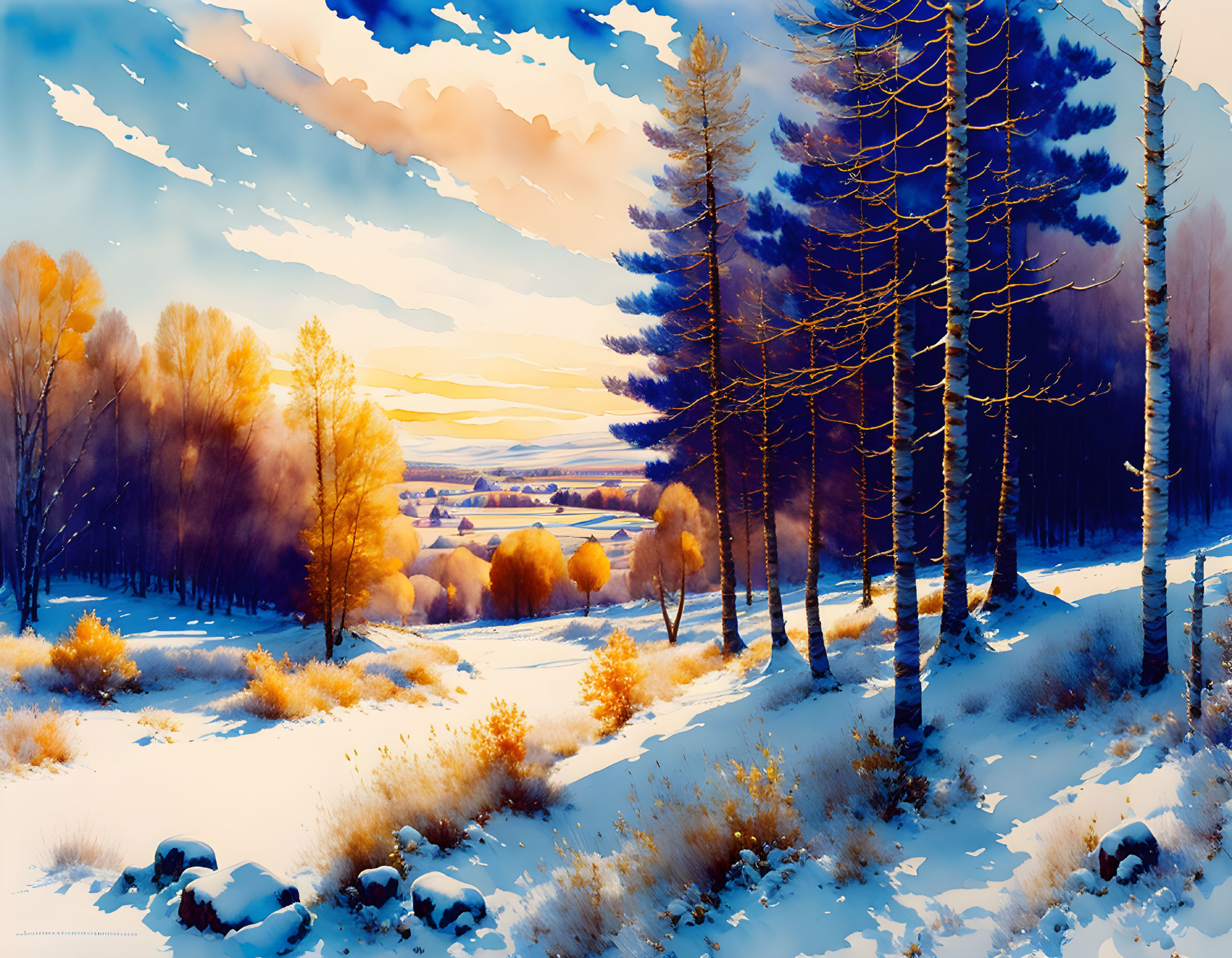 Snow-covered Winter Landscape with Bare Trees and Sunset Glow