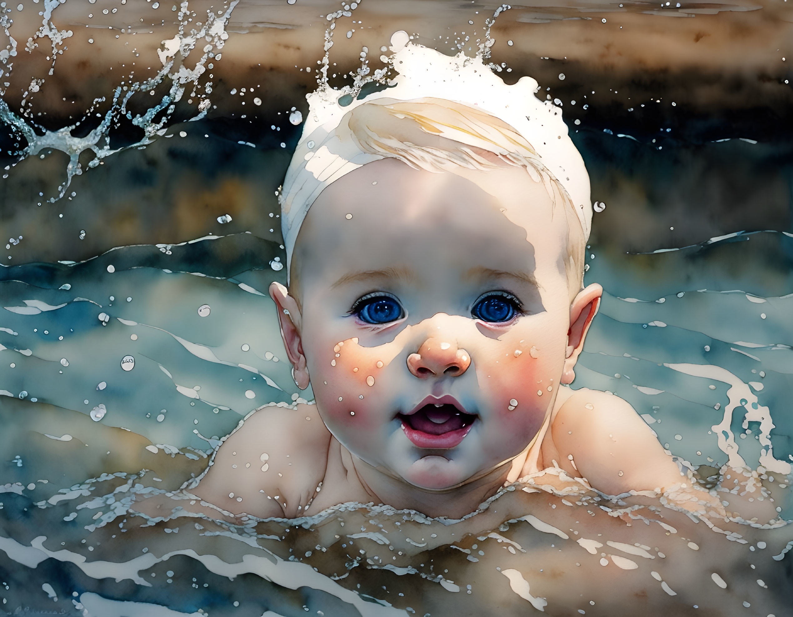 Baby with Bright Blue Eyes and Rosy Cheeks in Water with Droplets