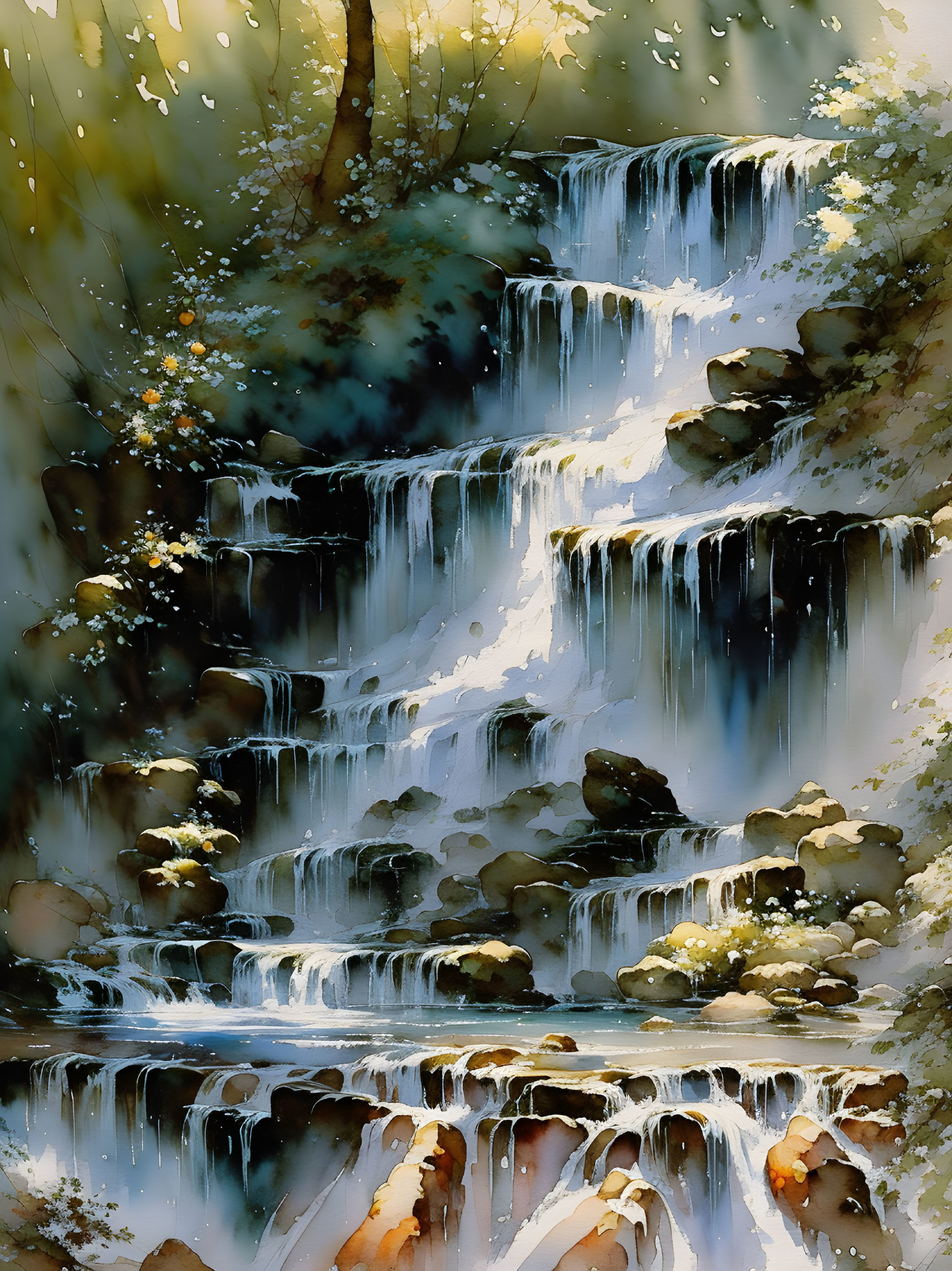 Tranquil waterfall painting with sunlight and foliage