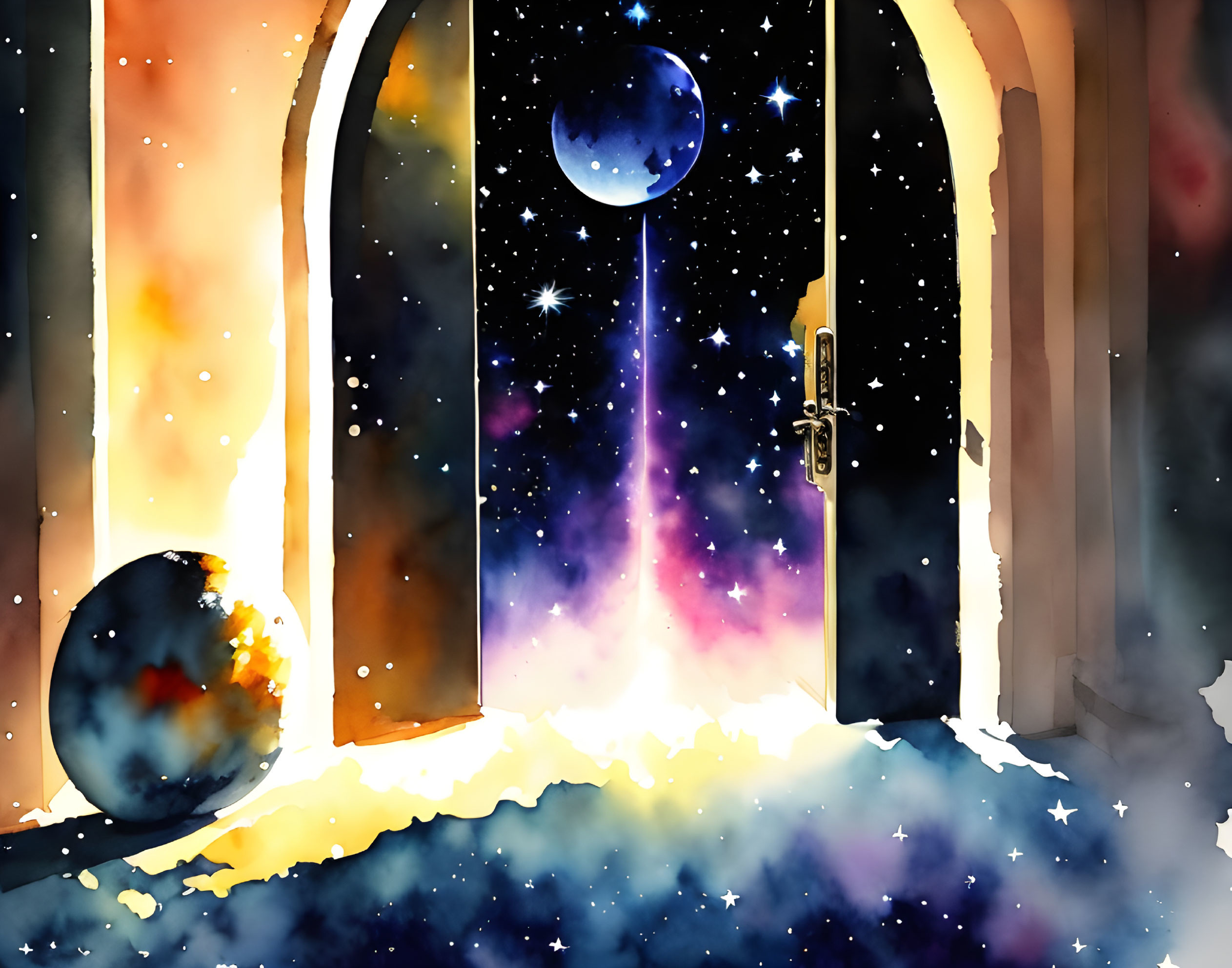 Cosmic scene with stars, nebulas, and planets through an open doorway