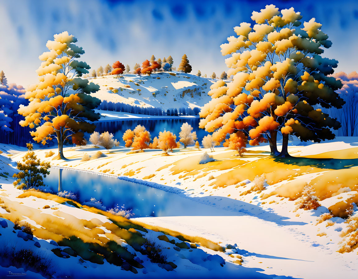 Winter scene: snowy landscape, orange trees, frozen river, hill, blue sky