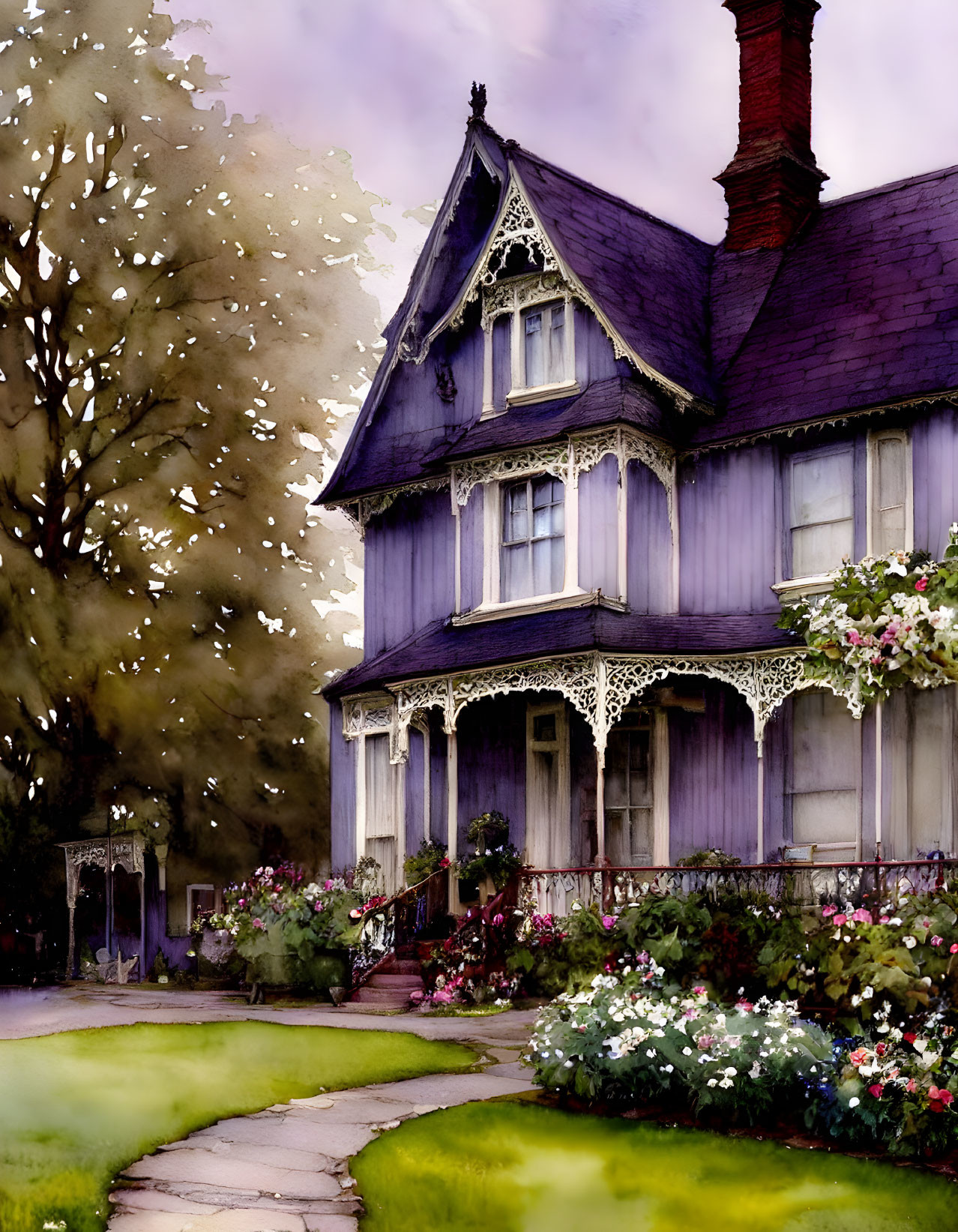 Victorian-style purple house with intricate woodwork in lush garden setting