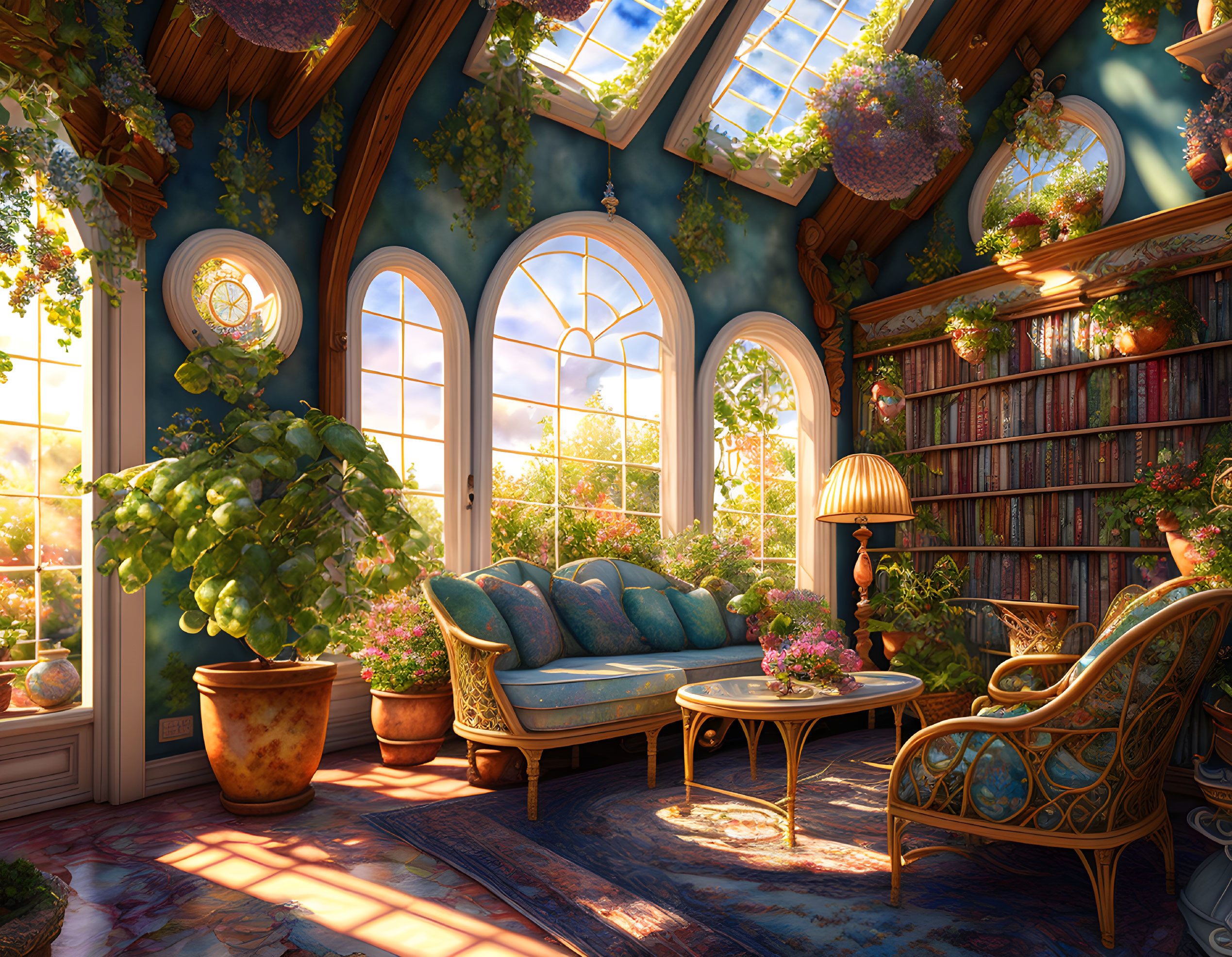 Sunlit Reading Room with Overflowing Bookshelves and Cozy Ambiance