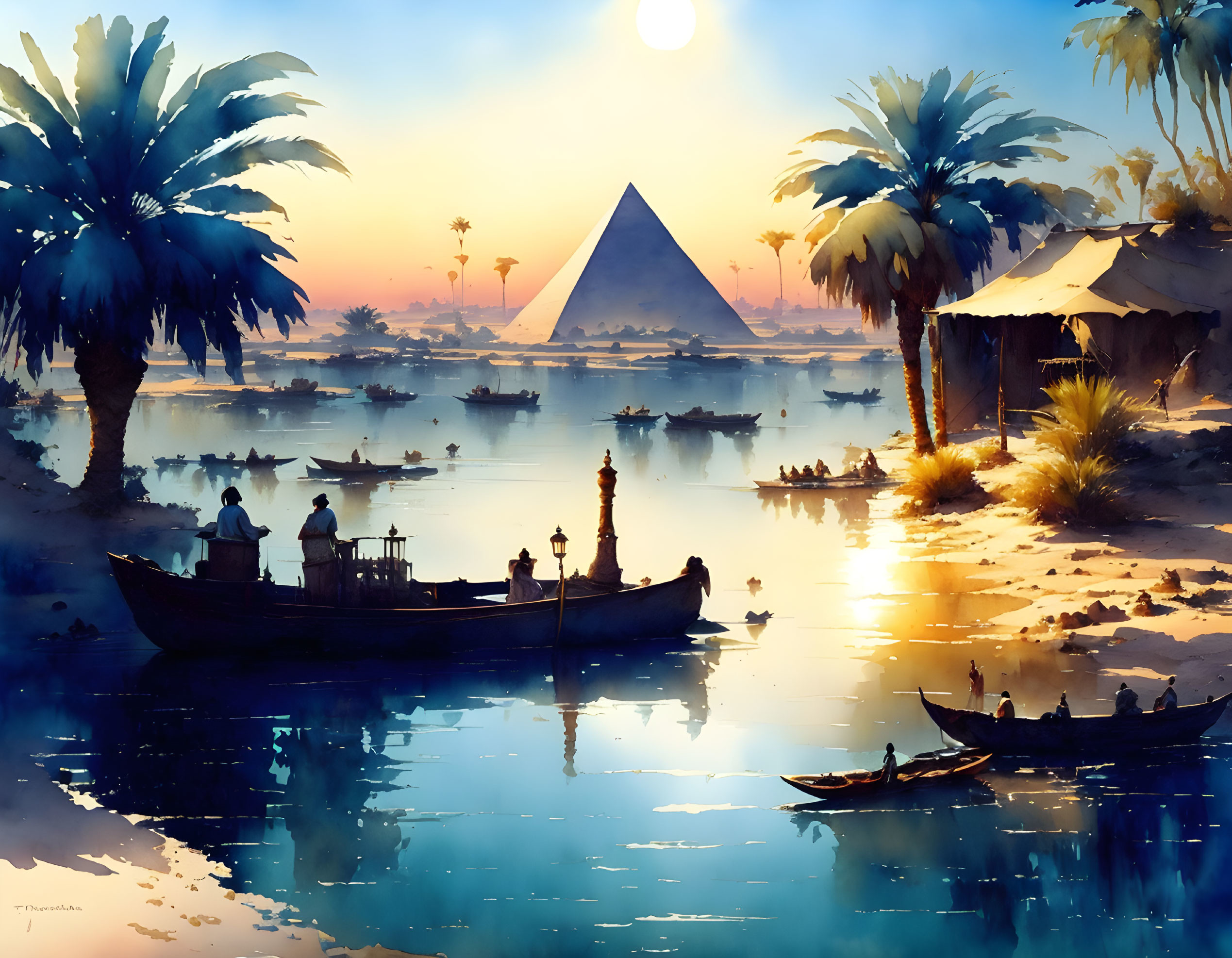 Boats on calm river with palm trees and Egyptian pyramids at sunset