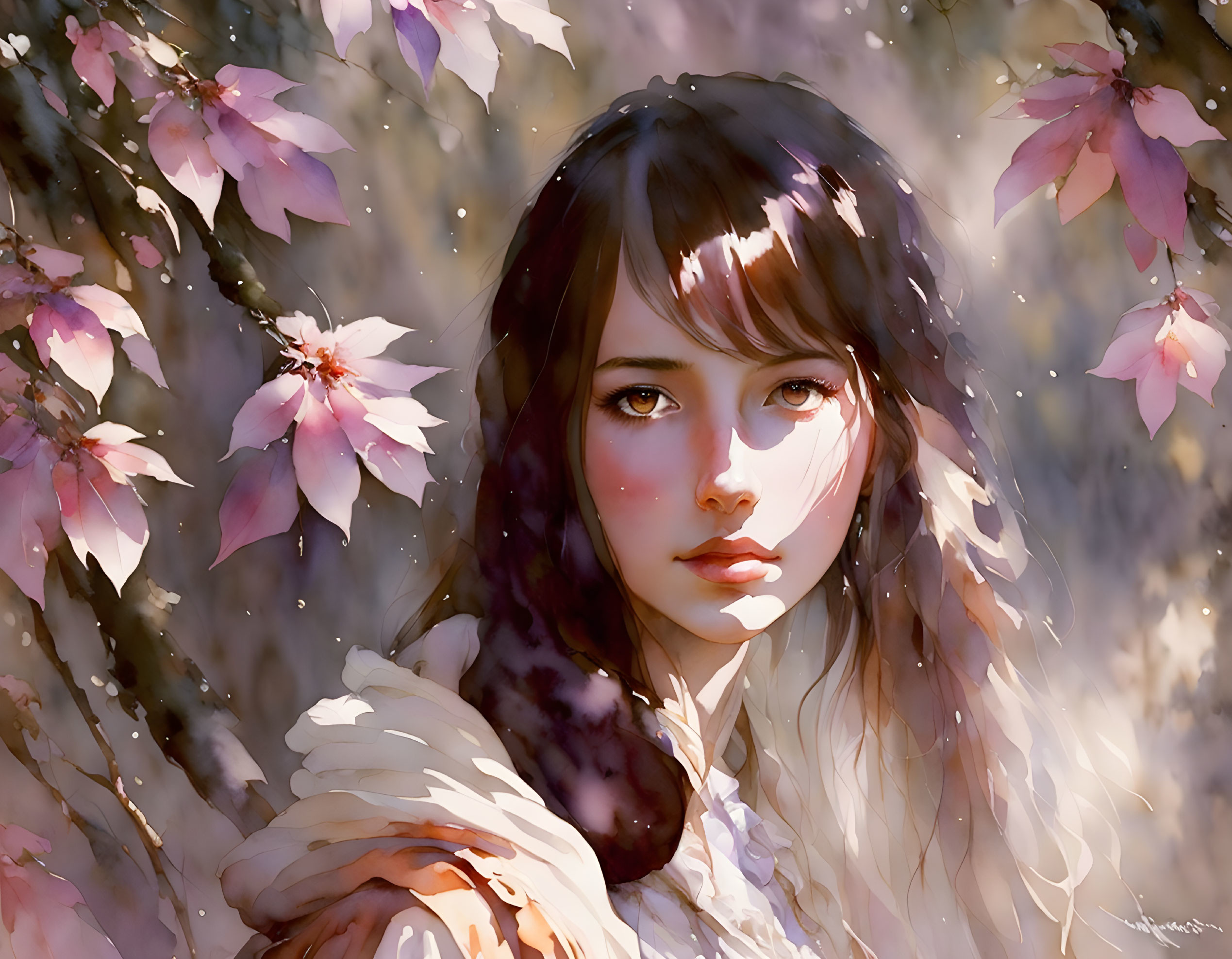 Digital art portrait: Young woman with dark hair in pink cherry blossoms under warm sunlight