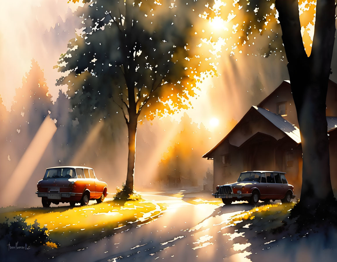 Classic cars parked on sunlit countryside road near cozy house