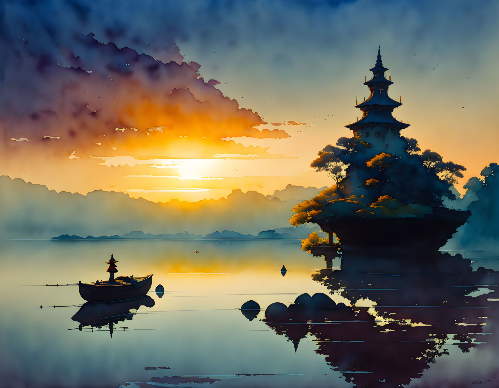 Traditional pagoda on lake at sunset with boat and vibrant sky