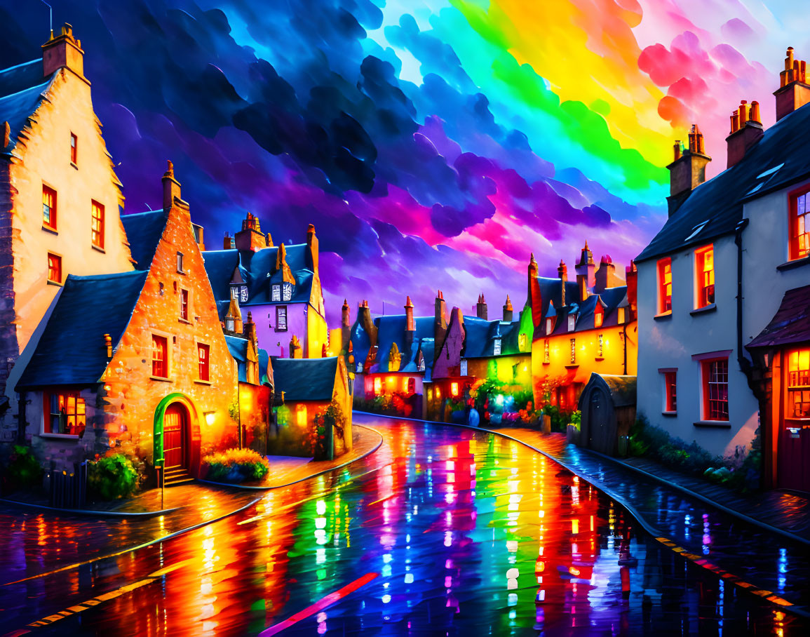 Colorful illuminated buildings in vibrant street scene under dramatic multicolored sky.