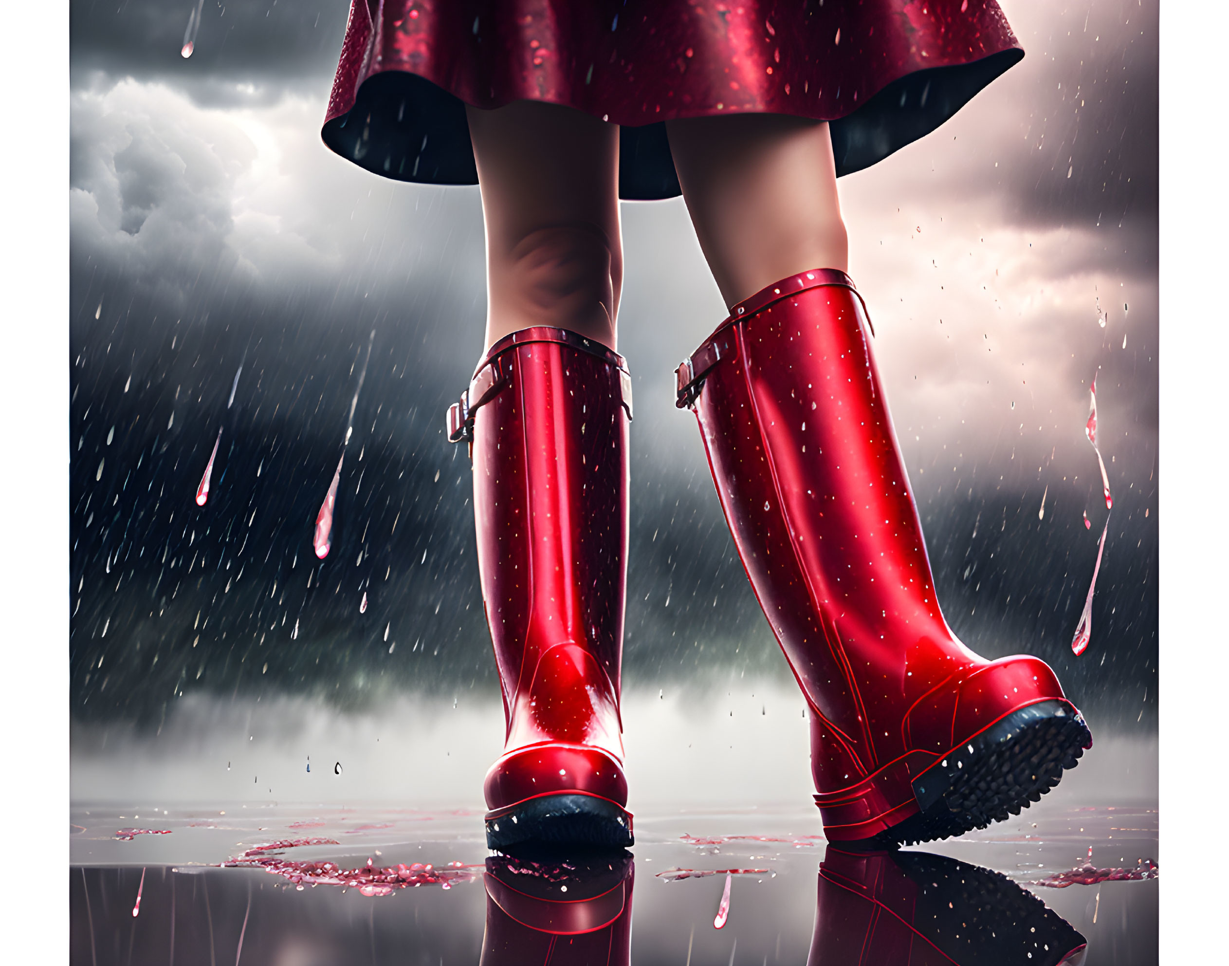 Person in Red Rain Boots and Skirt on Wet Surface with Raindrops