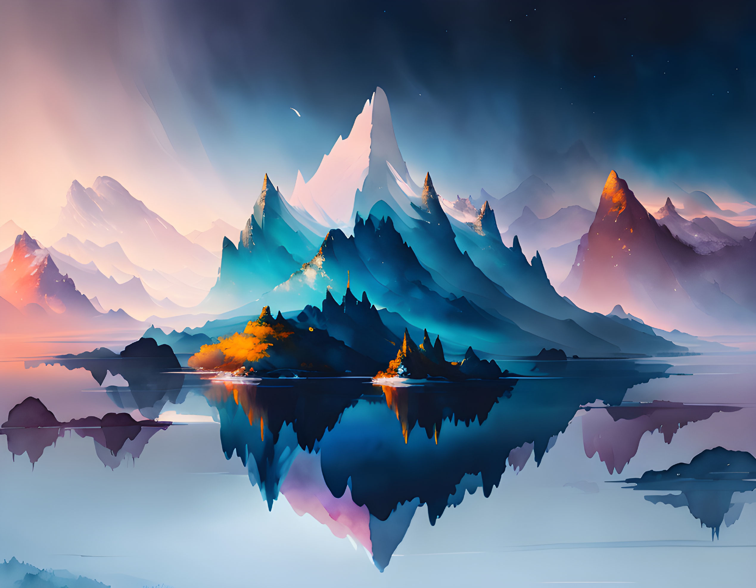 Tranquil lake with mountains and twilight sky in serene digital artwork