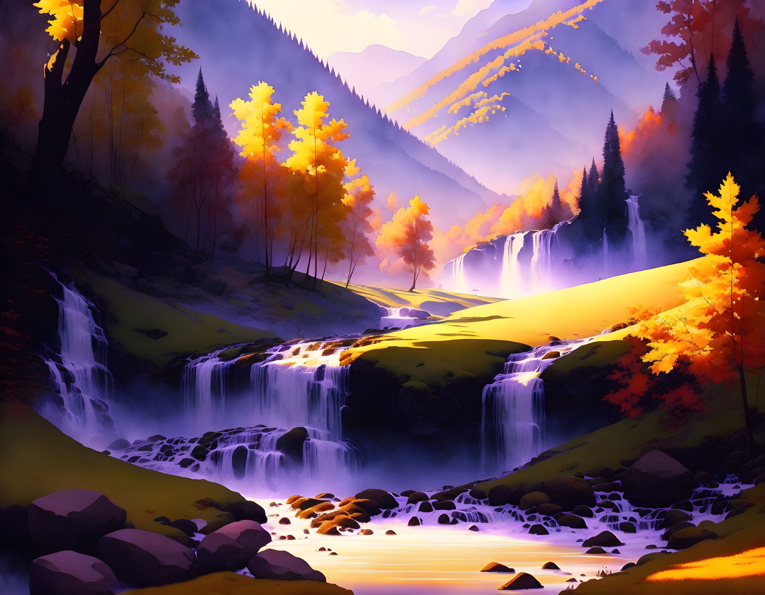 Scenic autumn forest with waterfall, river, and sunbeams