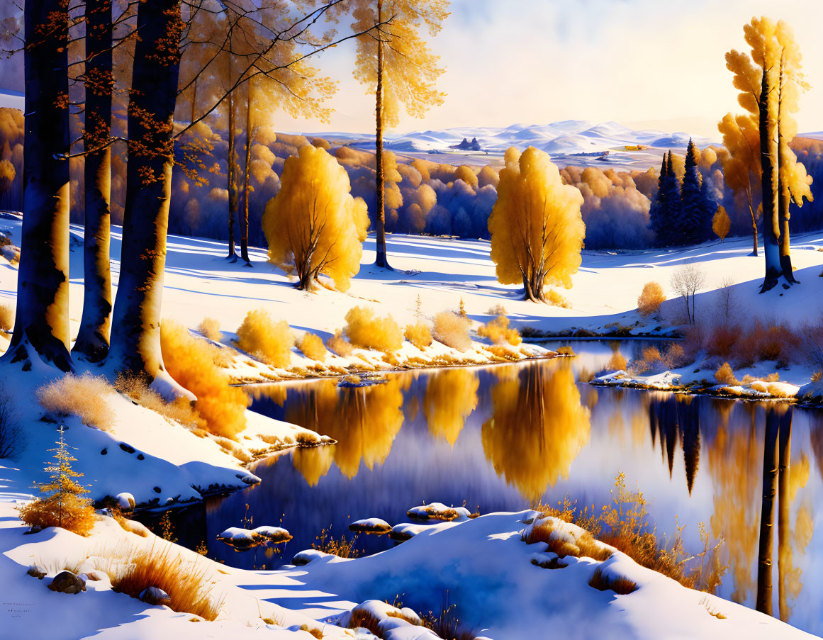 Golden Trees Reflected in Still River: Serene Winter Scene