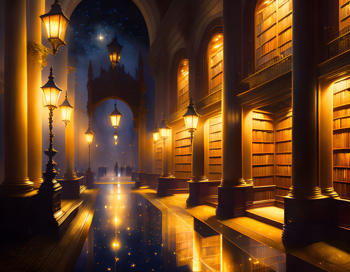 Grand library with towering bookshelves, arched doorways, and luminous lamps under starry