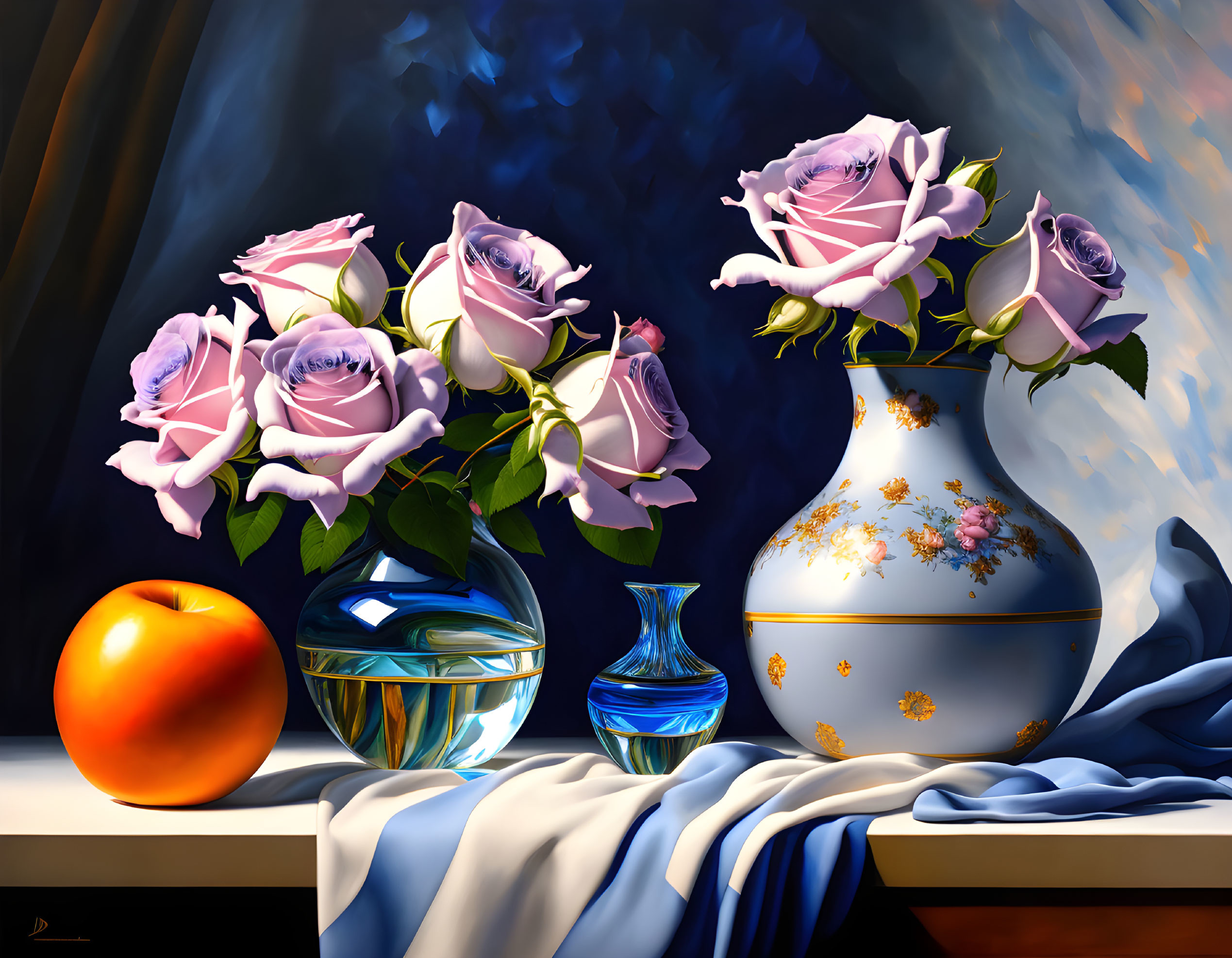 Soft pink roses in decorated vase with glass bowl, blue vase, orange on cloth