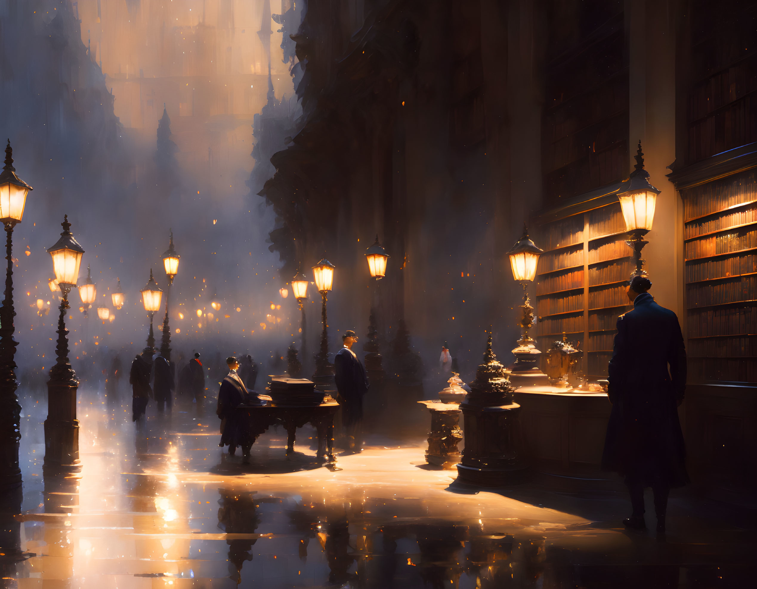 Victorian-era street scene at dusk with people and illuminated street lamps