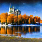 Castle with spires on forested hill by autumn lake and blue sky