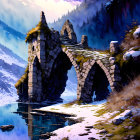 Stone arch bridge over river in snowy landscape