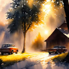 Classic cars parked on sunlit countryside road near cozy house