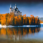 Autumn landscape with castle, lake, and mountains