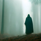 Cloaked figure in misty forest with tall trees and autumn leaves