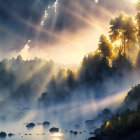 Forest scene with sunbeams and mist creating magical ambiance