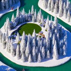 Snowy Island with Coniferous Trees, Circular Clearing, and Turquoise River