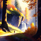 Figure in autumn forest gazes at majestic waterfall amid sunlight beams