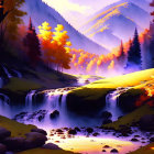 Scenic autumn forest with waterfall, river, and sunbeams