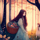 Whimsical forest scene with two girls and glowing lights