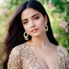 Dark-haired woman in floral attire with gold earrings in soft-focus floral setting